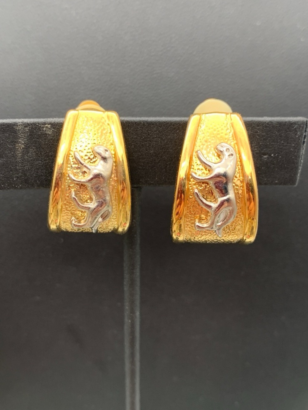 Vintage Gold-Tone Clip On Hoop Earrings with Silver Panther / Big Cat Accent